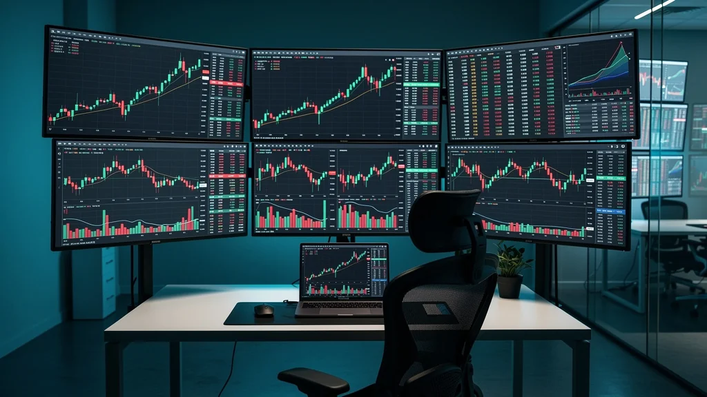 Bureau d'entreprise crypto avec écrans de trading professionnel et tableaux fiscaux